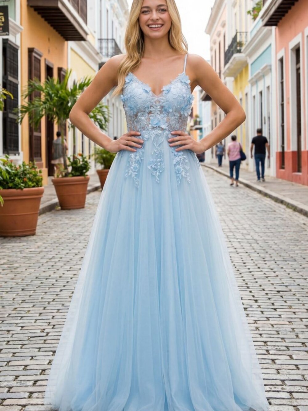 NEW BLUE Tulle V-Neck Evening Gown Floor Length With Train 8038J